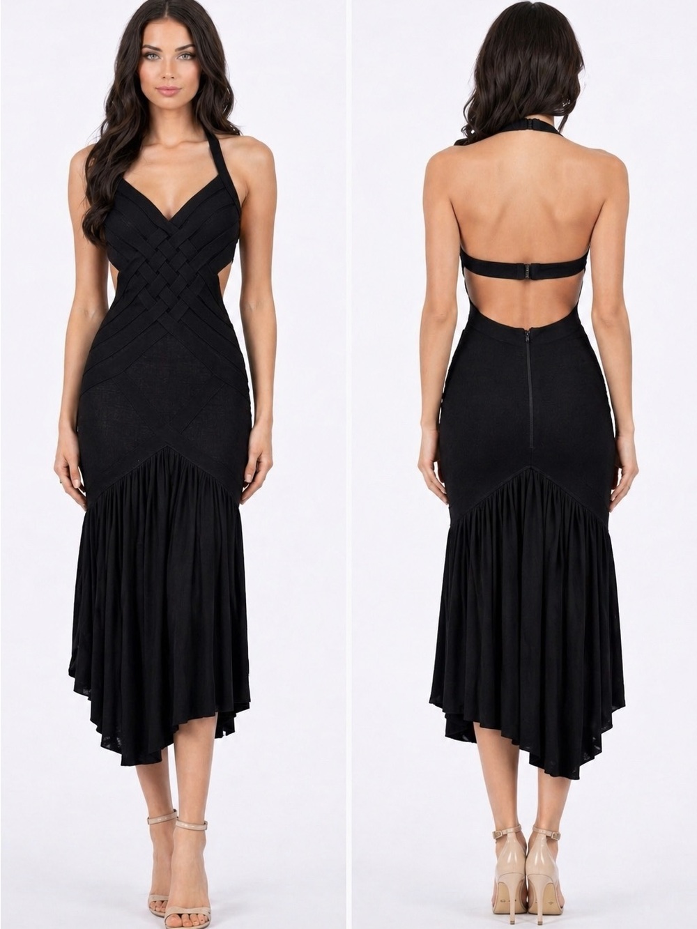 Caribbean Queen Black Halter Cutout High-Low Dress